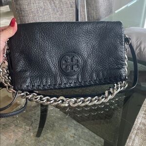 Tory Burch black pebble Leather crossbody and shoulder bag.